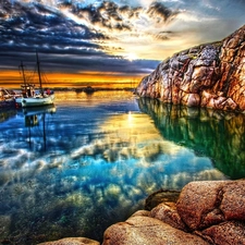 lake, Yacht, sun, rocks, west