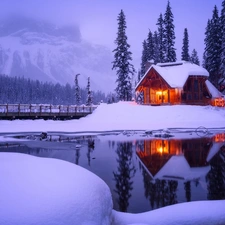 viewes, trees, Yoho National Park, lake, bridge, Province of British Columbia, Mountains, winter, Canada, Emerald Lake, house, Floodlit