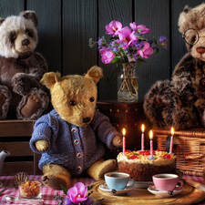 plush, composition, bear, Cake, cups, kettle, Lamp, Bouquet of Flowers, candles