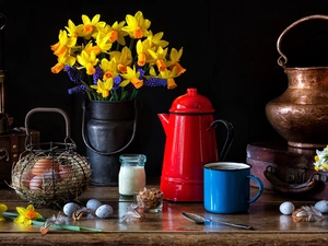 eggs, Daffodils, Cup, Lamp, composition, jug, pot