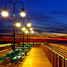 pier, illuminated, Lamps, bench