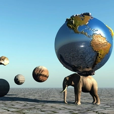 land, 3D, Elephant, Planets, Sky