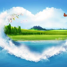 landscape, butterflies, clouds, Heart, graphics