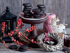 cup, Cookies, composition, lantern, plateau, wreath, Christmas