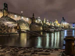 Charles Bridge, Vltava River, light, buildings, lanterns, Prague, Czech Republic, Night