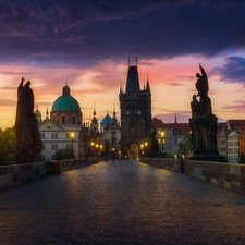 lanterns, Prague, buildings, Charles Bridge, Czech Republic, figure, Sunrise