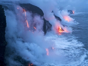 volcano, sea, Mountains, Lava