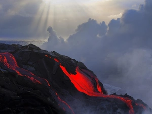 volcano, smoke, sea, Lava