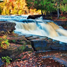 Leaf, autumn, rocks, forest, waterfall