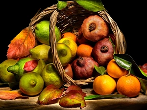 lemons, Fruits, mandarin, Leaf, grenades, basket