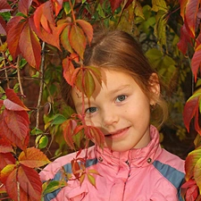 girl, autumn, Leaf, Smile