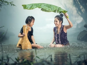 Rain, leaf, Women, Kid, River