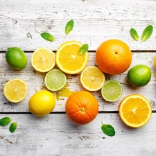 orange, lemons, boarding, limes, wood, citrus, Fruits, leaves