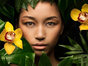 orchids, leaves, girl, Flowers, face
