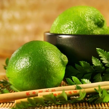 green ones, bowl, leaves, limes