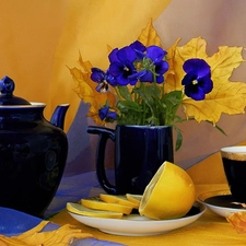 tea, pansies, lemon, teapot