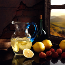 lemon, lemonade, Window, drink, composition, lemons, Bottle