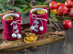 composition, apples, cinnamon, slices, Lemon, cups, tea, lemons