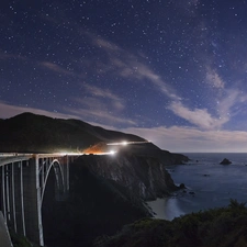 ligh, sun, California, flash, Moon, Night, Bixby Bridge, luminosity