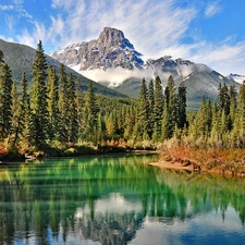 forest, Alps, Fog, lake, ligh, luminosity, flash, Matterhorn, mount, sun, Przebijające