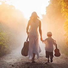 forest, Women, Fog, Way, ligh, luminosity, flash, Guitars, boy, sun, Przebijające