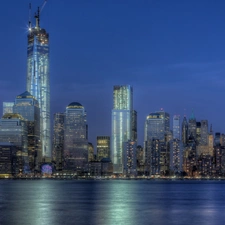 light, skyscrapers, sea