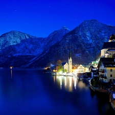 Night, Hallstatt, winter, Mountains, Austria, light, lake