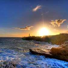 Lighthouse, maritime, sun, sea, west