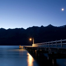 Lighthouse, moon, Mountains, Platform, lake