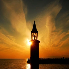 west, sea, Lighthouse, sun