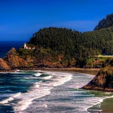 Lighthouses, house, Beaches, forest, sea