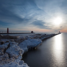 Lighthouses, pier, sea, Sunrise, winter