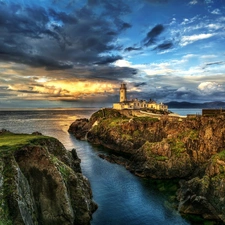 west, sea, Lighthouses, sun