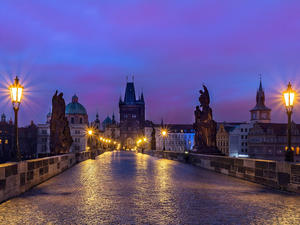 lanterns, Charles Bridge, Prague, Czech Republic, statues, lighting