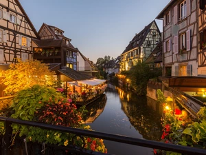 Restaurant, River, twilight, lighting, Little Venice, France, Alsace, Houses, canal, Colmar, Little Venice
