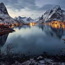 lighting, Norwegian Sea, Reine Village, Houses, Mountains, winter, Norway