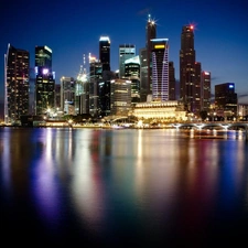 skyscrapers, Night, lighting, clouds