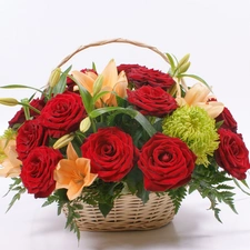 basket, roses, lilies, flowers