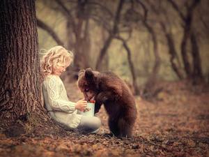 girl, trees, Fruits, little bear, mug, forest