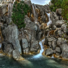 waterfalls, rocks, little doggies
