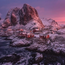 Lofoten, Reine Village, Great Sunsets, rocks, winter, Mountains, Norway, Houses