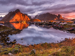 Moskenesoya Island, Reine Village, clouds, Norwegian Sea Mountains, Sunrise, Lofoten, Norway, Houses