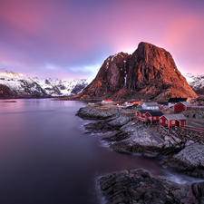 Lofoten, Mountains, rocks, Norwegian Sea, Norway, Reine Village, Houses