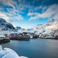Houses, Mountains, winter, Lofoten, Norway, clouds, snow