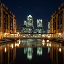 Town, River, London, England, Night, Houses