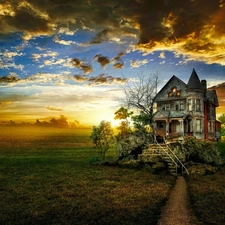lonely, house, sun, clouds, west