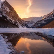 Mountains, winter, trees, forest, Sunrise, Canada, Alberta, Lake Louise, lake, Banff National Park, viewes