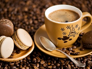 cup, coffee, Cookies, Macaroons, plate, grains