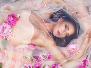 make-up, young lady, veil, Dress, Women, tulle, Flowers