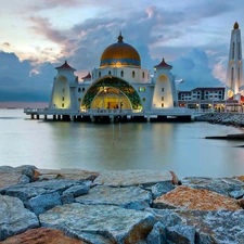 sea, rocks, Malaysia, mosque